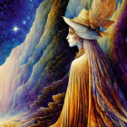 Detailed illustration of woman in feathered hat and golden gown against vibrant backdrop.
