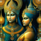 Detailed artwork of two figures with blue skin wearing gold crowns and jewelry, set against intricate background.