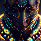 Intricate Blue and Gold Tribal Mask with Glowing Lights