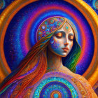 Colorful Digital Art: Serene Woman with Cosmic Motifs