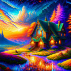 Colorful illuminated castle in vibrant fantasy landscape