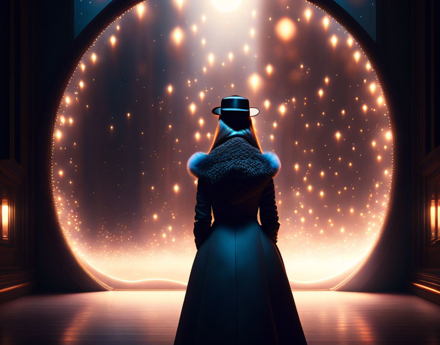 Silhouetted figure gazes at starry cosmos through circular window