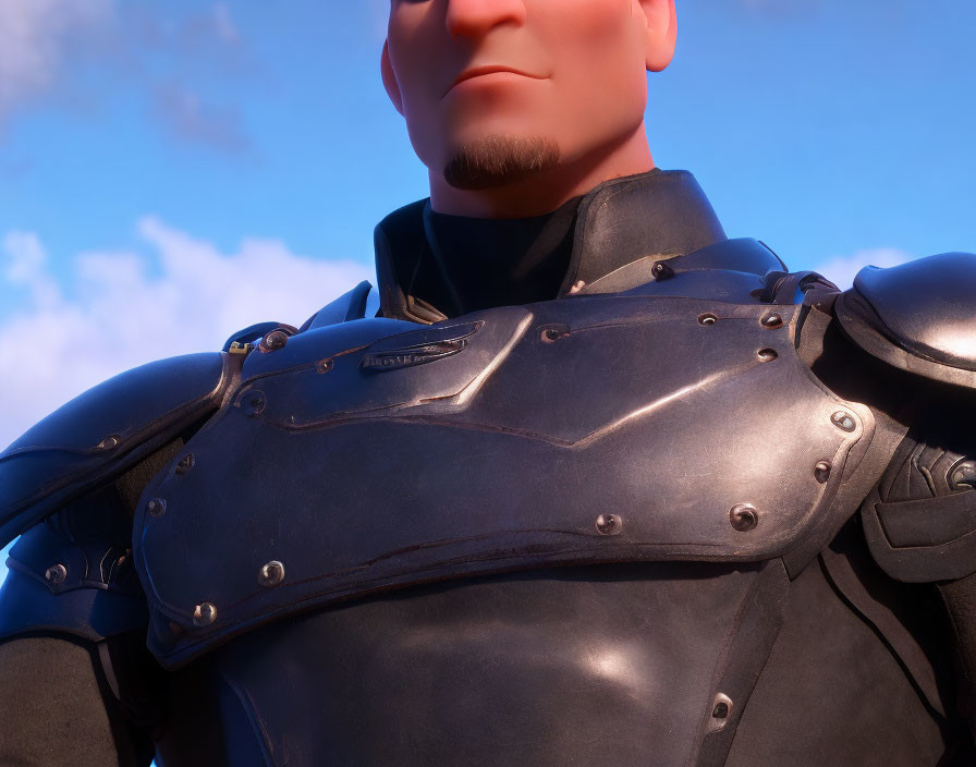 Detailed 3D-animated character with determined expression in blue armor