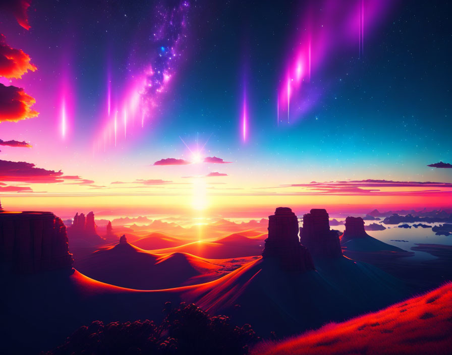 Digital artwork: Sunset, mountains, pink northern lights, starry sky, serene water