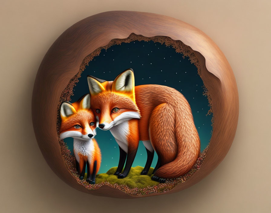 Two foxes in circular frame under starry night sky