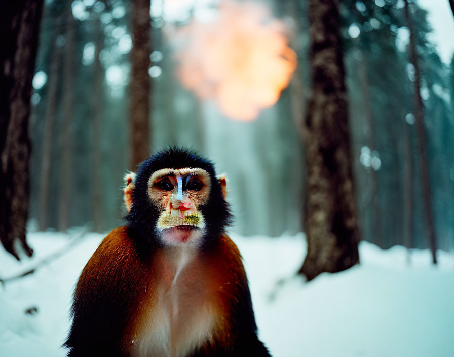 Monkey with Unique Facial Markings in Snowy Forest with Orange Glow
