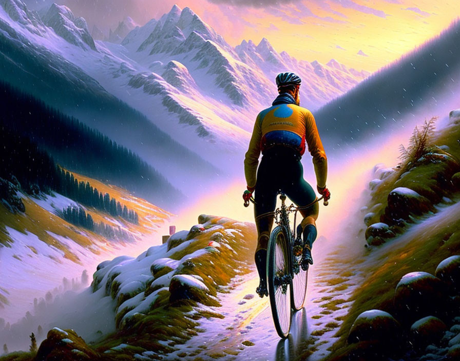 Cyclist in Orange and Blue Attire Riding on Mountain Path at Sunrise