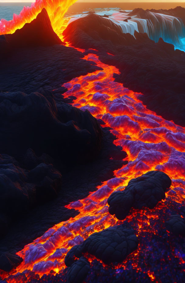 Majestic lava river illuminates rugged twilight landscape