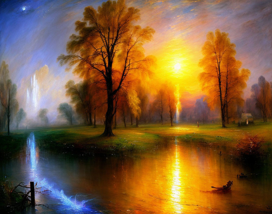 Colorful landscape painting of serene river at sunset or sunrise