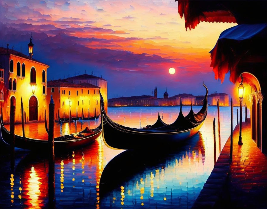 Vibrant Venice Sunset with Gondolas Silhouetted on Water
