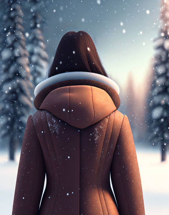 Person in brown coat with furry hood in snowy forest with falling snowflakes