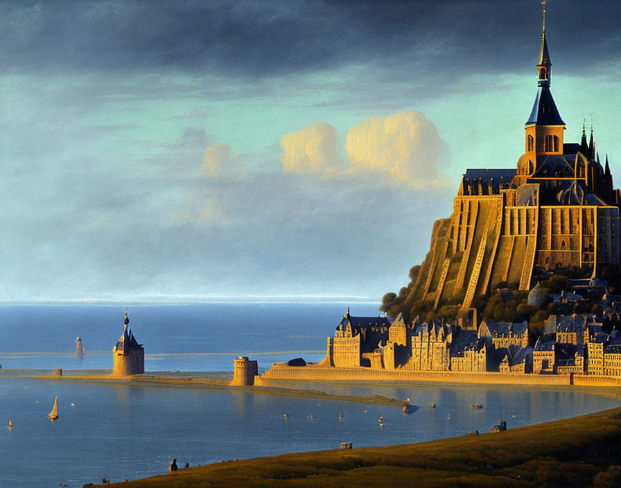 Scenic sunset view of Mont Saint-Michel abbey and bay