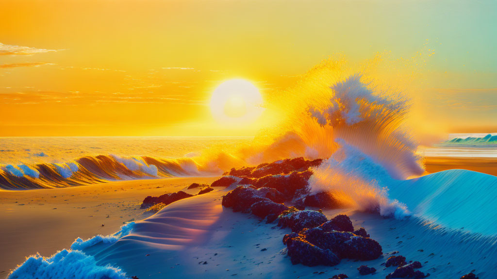 Vibrant ocean sunset with waves crashing against rocks