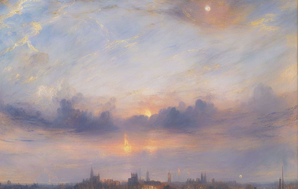 Pastel sky painting with sunset hint and city skyline silhouette