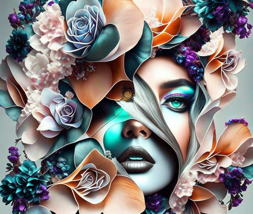 Colorful Floral Elements Transform Woman's Face in Surreal Art