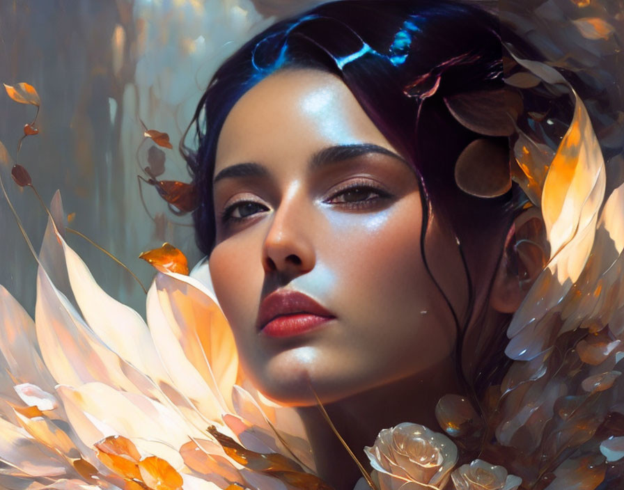 Digital portrait of woman with luminous skin, golden leaves, and soft lighting.