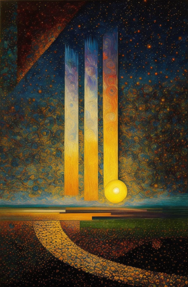 Colorful Pillars in Surreal Landscape with Glowing Orb