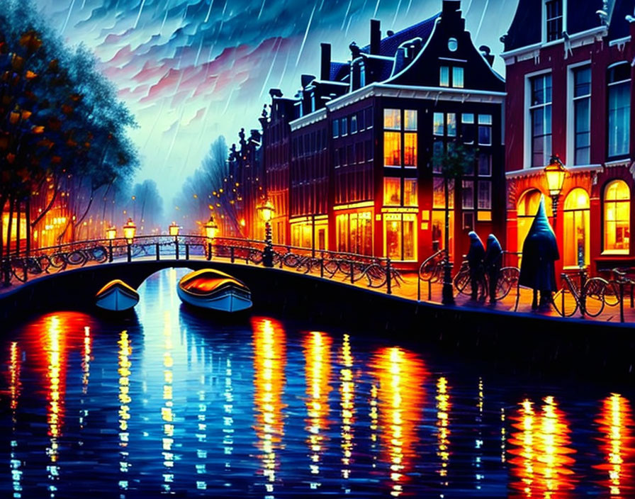 Rainy Evening in Amsterdam: Vibrant Painting of Illuminated Buildings, Reflective Canal, Bridge,