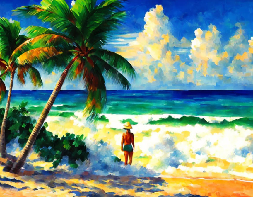 Colorful painting of person in hat on tropical beach with palm trees and waves under blue sky