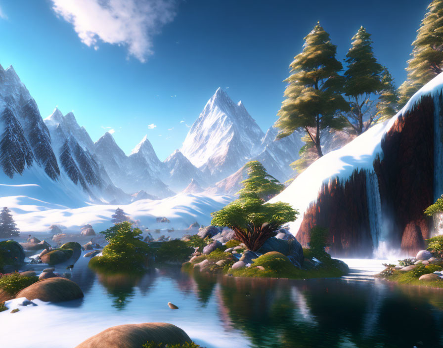 Snow-capped mountains, waterfall, pine trees, and tranquil river in serene landscape