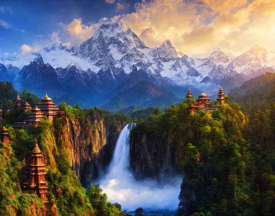 Cliffside temples with waterfall, snowy peaks, and sunset