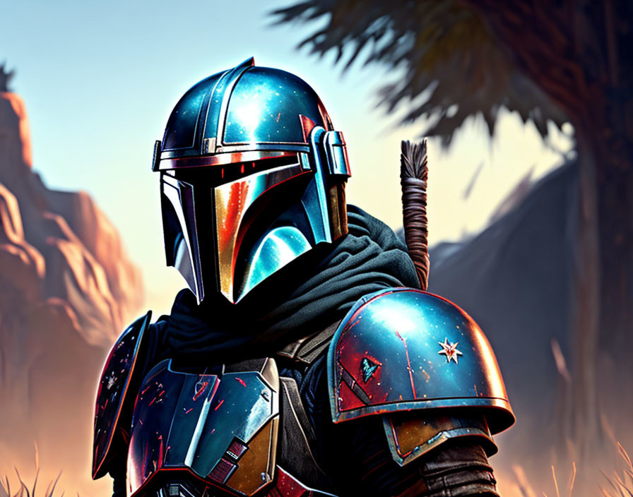 Weathered blue and red Mandalorian helmet and armor in desert setting with palm fronds.