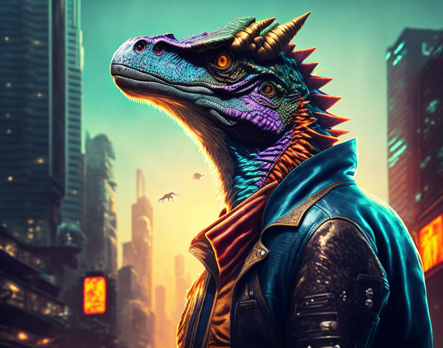 Colorful Anthropomorphic Dinosaur in Leather Jacket and Scarf in Urban Sci-Fi Scene