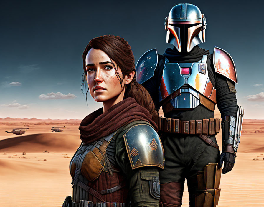 Female warrior and Mandalorian figure in digital art with desert backdrop and flying ships