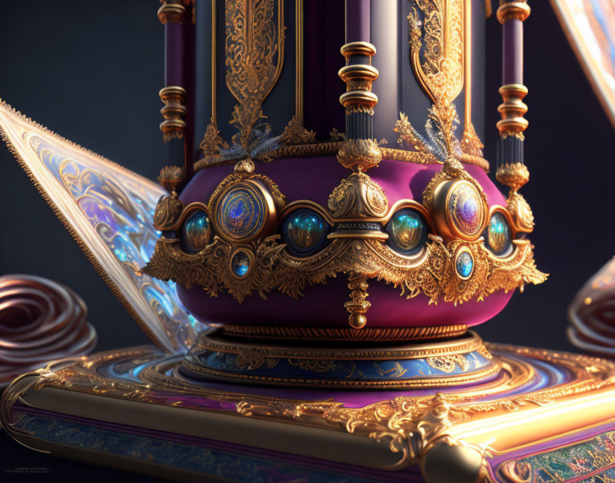Golden Crown with Blue Gemstones on Purple and Blue Background