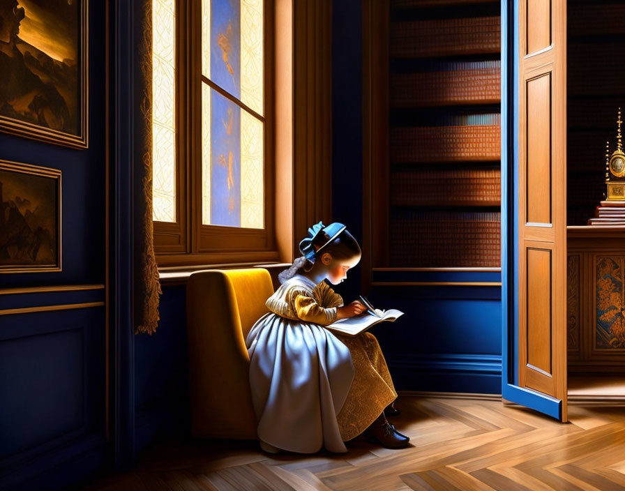 Girl in period clothing reading in opulent classical library interior