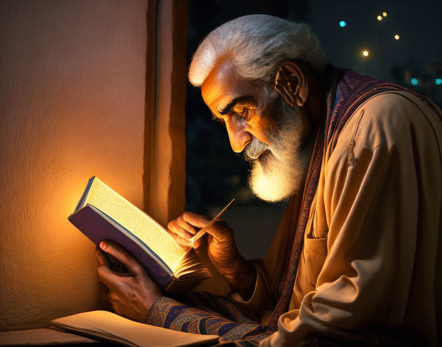 White-bearded elderly man reading book by warm night light with soft bokeh lights