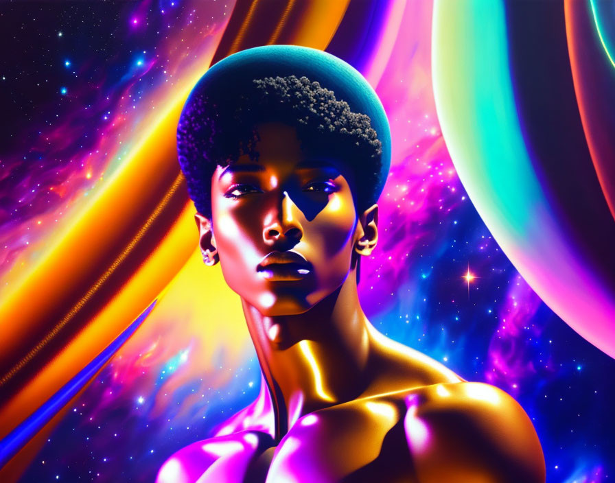 Colorful digital art: person with afro in cosmic setting