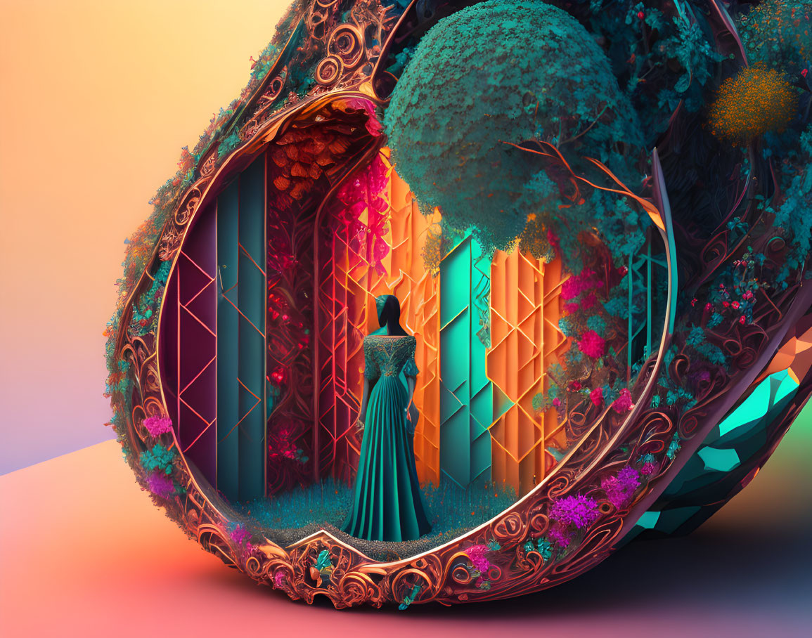Woman in turquoise dress inside futuristic egg-shaped structure