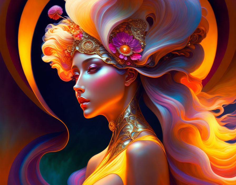 Colorful digital art portrait of a woman with flowing hair and gold headpiece on dark background