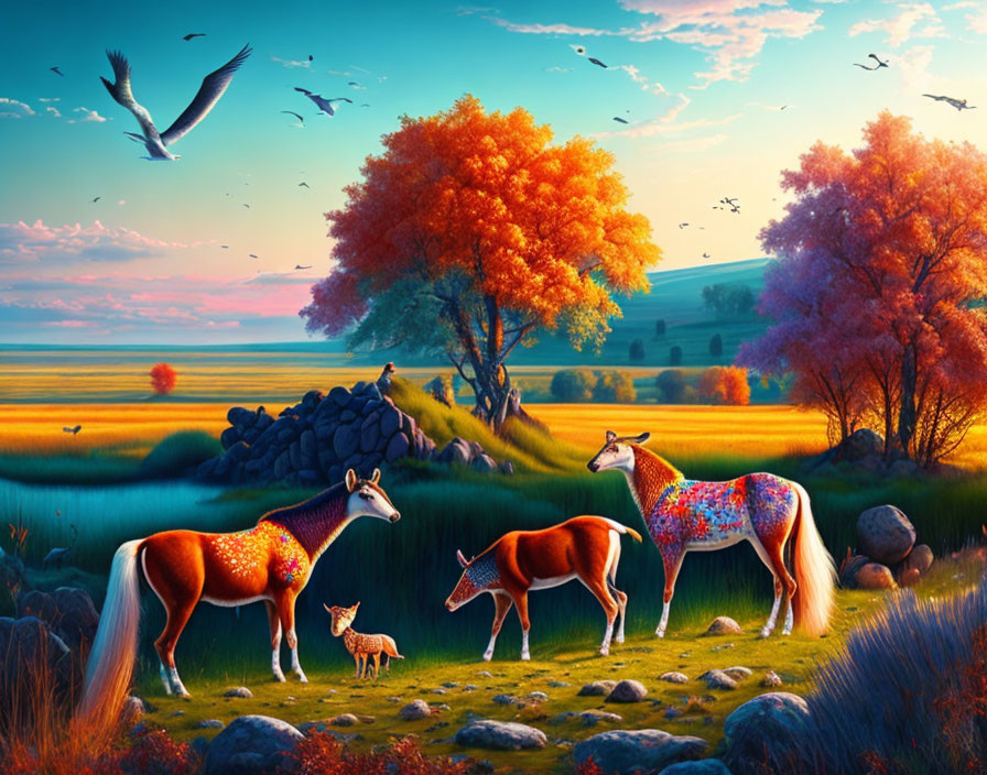 Colorful deer by tranquil pond with orange tree, stone fence, birds, sunset sky