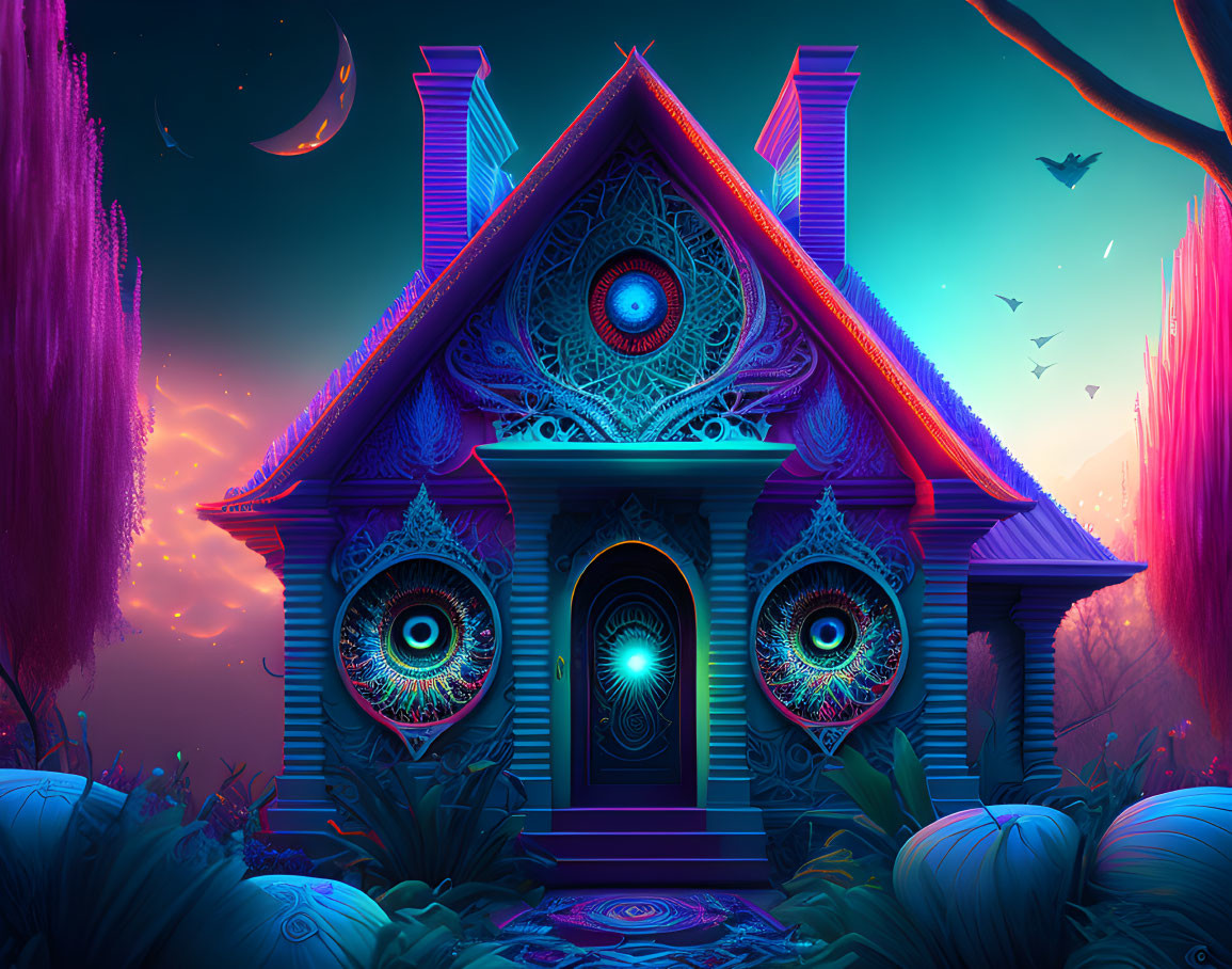 Mystical house with ornate eyes under crescent moon