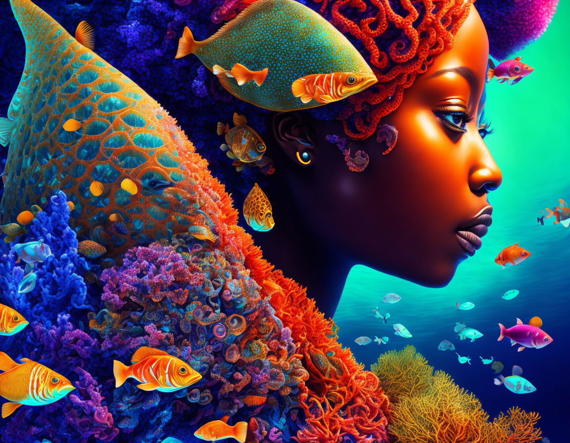 Digital artwork: Woman's profile merges with vibrant coral reef and tropical fish