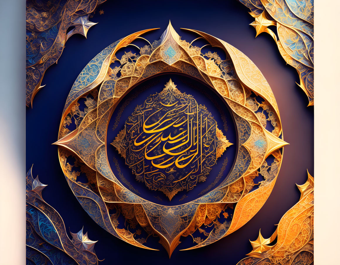 Islamic Calligraphy Artwork with Arabesque Patterns and Gold Embossing on Blue Background