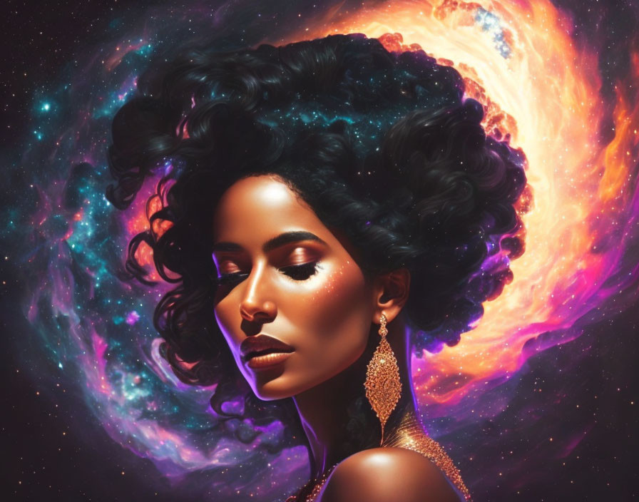 Silhouette of woman with afro in cosmic background with stars and nebulae.