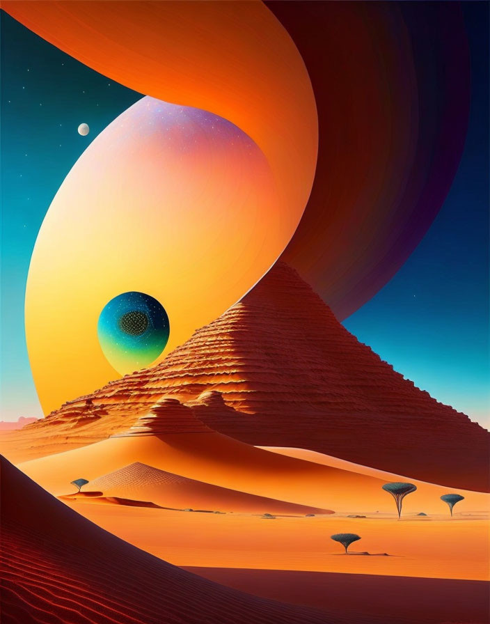 Vibrant surreal desert landscape with swirling portal, pyramids, and alien flora