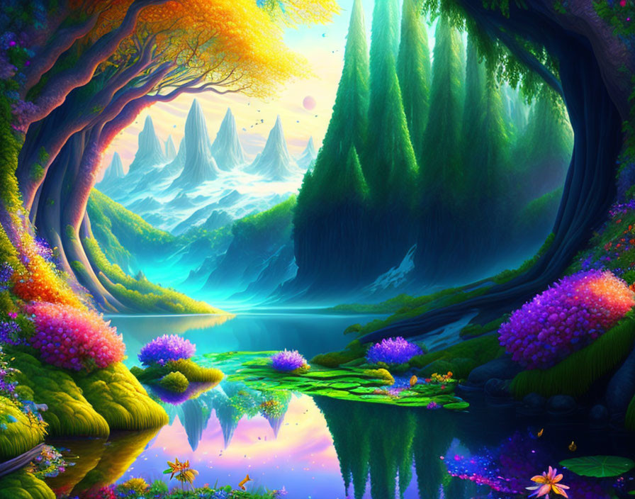 Colorful Fantasy Landscape with Greenery, Flowers, Water, and Mountains