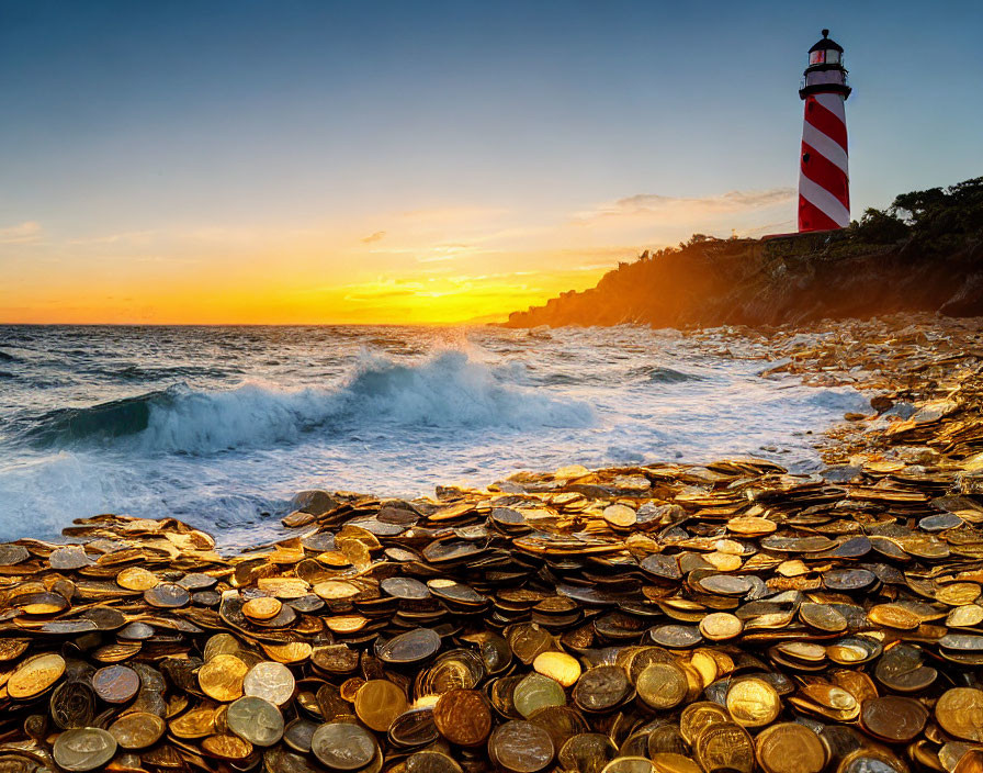 Lighthouse on Shoreline Covered in Golden Coins at Sunset