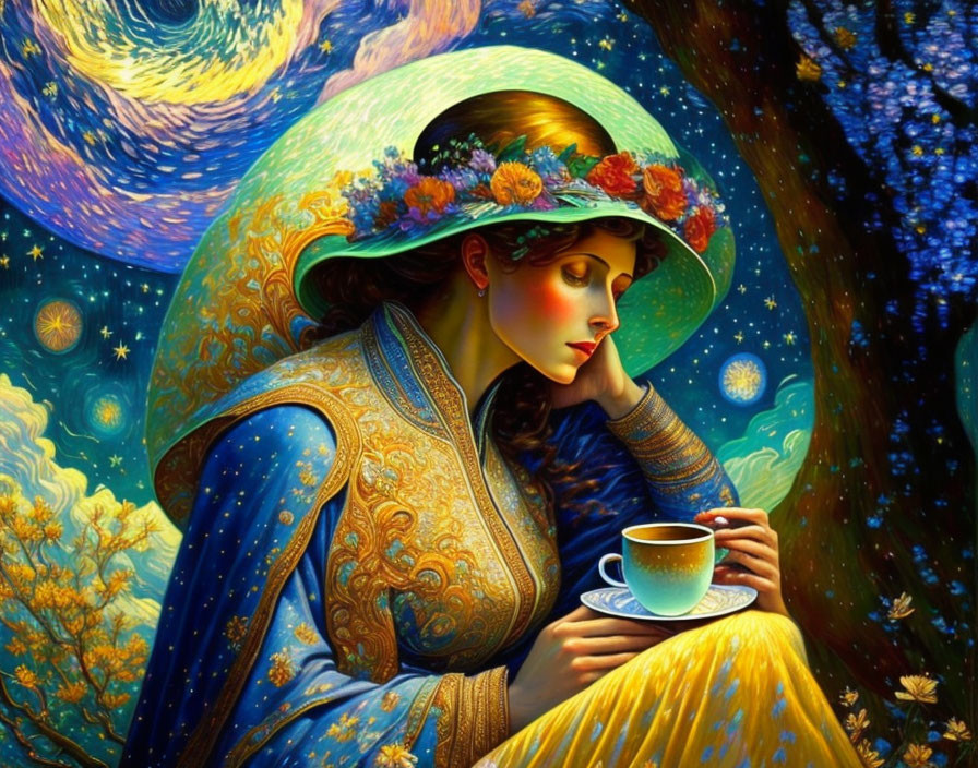 Woman in starry dress and hat sips tea in cosmic setting