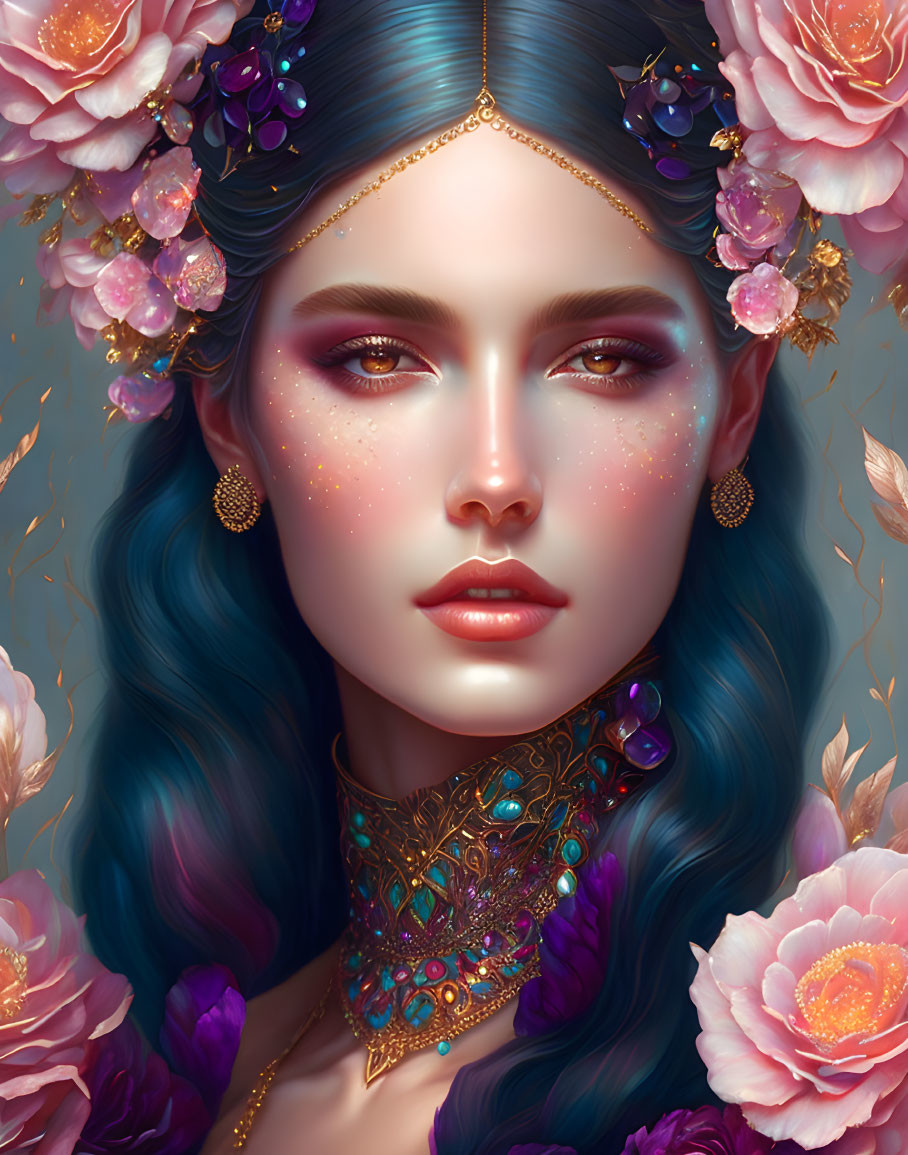 Digital portrait of woman with blue hair, floral adornments, choker, and mystical aura
