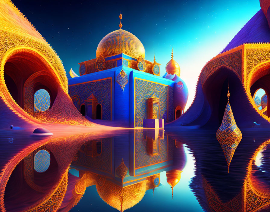 Fantasy Middle Eastern palace in digital art: intricate designs, tranquil waters, starry twilight sky