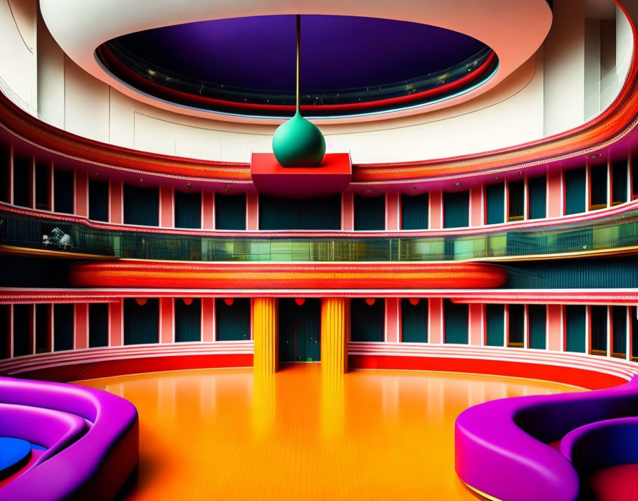 Colorful Interior Design with Circular Balconies and Vibrant Decor