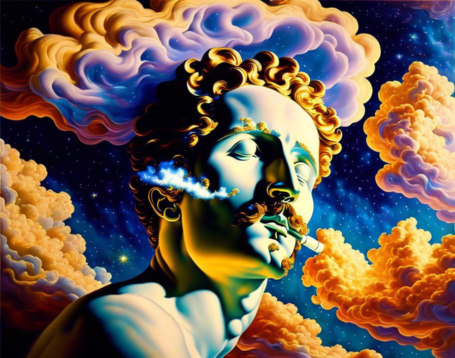 Classical statue head with cloud hair and starry sky background