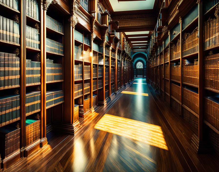 Ornate library with tall wooden shelves and warm sunlight
