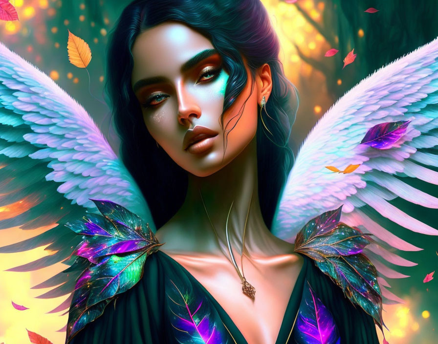 Digital artwork featuring woman with white angelic wings and autumn leaves in mystical glow