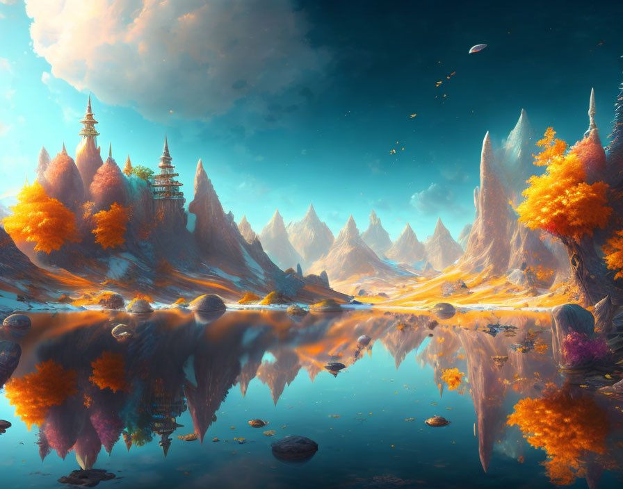 Fantastical autumnal landscape with whimsical tower and rock formations